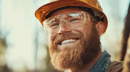 Aufkleber - Smiling engineer wearing safety glasses and a hardhat, confidently posing at the workplace, embodying professionalism in construction