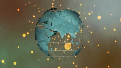Wall Mural - animation of rotating globe with glowing particles and grid lines on background