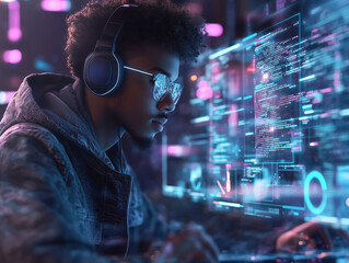 software developer immersed in coding at night with headphones in a vibrant workspace