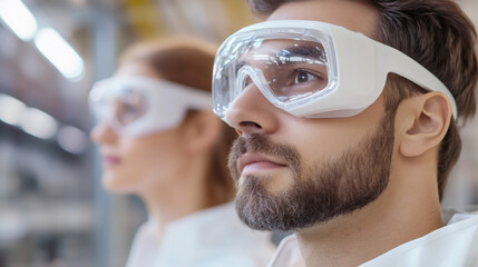 Poster - Close-up of male and female scientists wearing protective glasses working in a modern laboratory