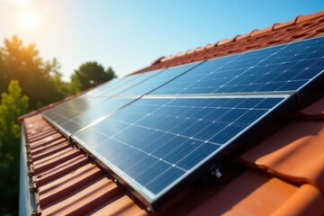 Close-up view of solar panel array on a home roof, electricity, home energy