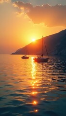 Wall Mural - golden light crests over calm aegean sea, fishing boats silhouetted , aegean, idyllic, nature
