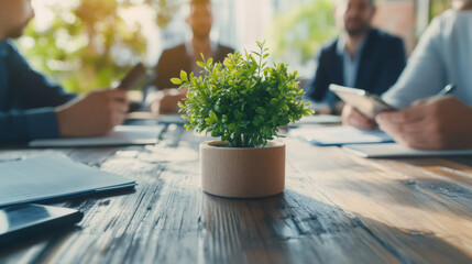 Aufkleber - Small potted plant sits on a wooden conference table during a business meeting, symbolizing growth, sustainability, and a positive work environment