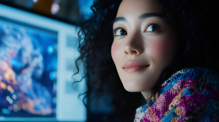 Fototapete - Young female designer focusing intently on computer screen while working late at modern office workspace