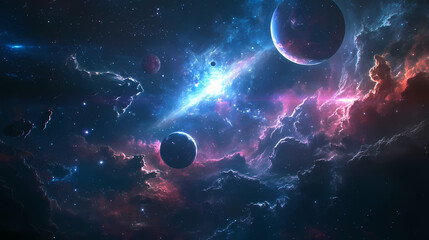 Wall Mural - A vibrant cosmic scene featuring various planets, stars, and celestial bodies in a dark space background. Celestial - Sky. Illustration