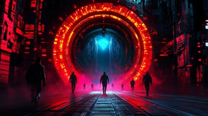 Wall Mural - silhouetted figures walk towards a glowing portal in a futuristic city. red and blue neon lights ill