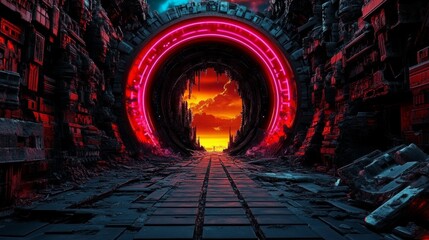 Wall Mural - a futuristic pathway leads to a glowing red portal, set against a dramatic sunset backdrop. sci-fi d