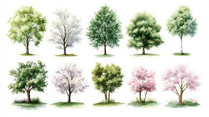 Poster - Watercolor painting showcasing a variety of trees, capturing the essence of different species and the vibrant colors of changing seasons