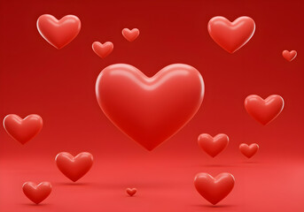 Wall Mural - Colorful handmade hearts on a vibrant red background.