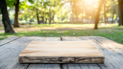 Aufkleber - Wooden cutting board resting on rustic surface, sunlit park scenery blurring behind
