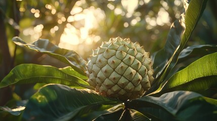 Close-up of a cherimoya fruit on a tree branch, backlit by sunlight.