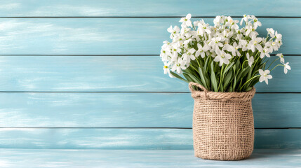 Poster - Bouquet of white spring flowers in jute vase standing on light blue wooden background with copy space