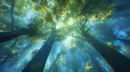 Wall Mural - towering trees with glowing soft ethereal light, ancient, luminescent. luminescent - ocean. illustra