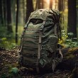© PROKOPYCH - Military backpack against the background of the forest. Travel bag. AI generative.