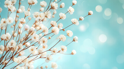 Aufkleber - Delicate white blossoms emerging on thin branches, soft blue background with dreamy bokeh highlighting floral elegance