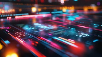 Wall Mural - futuristic interface displaying data, statistics, and code with glowing lines and icons, representin