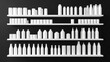 © Myimages - Mockup of retail shelving with blank white goods in different packages and bottles. 3d illustration isolated on black