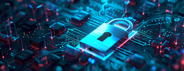 lock on an electric circuit, security concept , digital illustration,  cybersecurity technology , blue light , processor computer , internet network connection , cyber