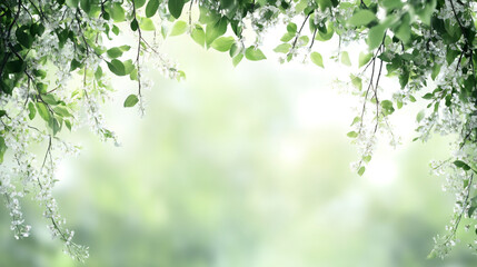 Aufkleber - Delicate white flowers and green leaves framing a soft, blurred green background, evoking spring's natural beauty