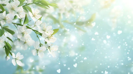 Aufkleber - Cherry blossom branch featuring delicate white petals, soft bokeh background with heart-shaped light blending, evoking romantic springtime mood