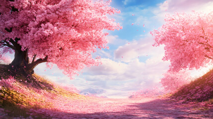 Aufkleber - Pink cherry blossom petals carpeting ground, transforming landscape with delicate floral softness during springtime bloom