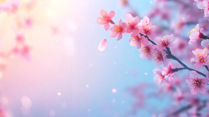 Aufkleber - Cherry blossom branch with amazing pink flowers and falling petals on a colorful background with bokeh effect