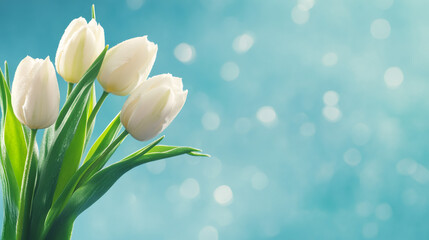 Poster - Delicate white tulips glistening with moisture against soft turquoise blurred background