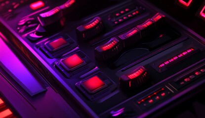 Close-up of a futuristic control panel with glowing buttons and switches.