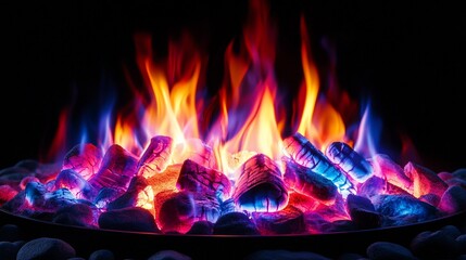 Wall Mural - vibrant colorful flames burning brightly in a dark background, illuminating colorful stones.