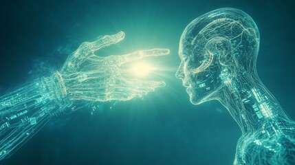 Wall Mural - futuristic robotic hand gently touches a translucent female figure, representing ai interaction and 