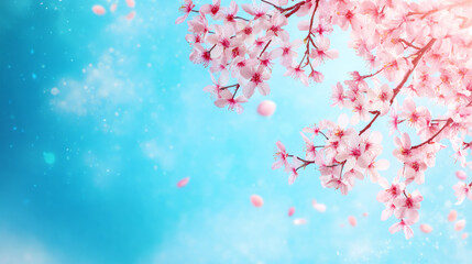 Aufkleber - Cherry blossoms drifting on branches, pink petals floating against clear blue sky, soft spring landscape