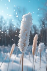 Wall Mural - frosty cattail in snowy field, winter sunlight.