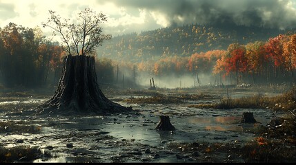 Autumn bog, with its golden hues, fallen leaves, and harmonious coexistence of decay and rebirth, showcases seasonal transformation and colorful tranquility of this wetland ecosystem