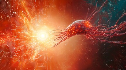 Wall Mural - abstract neuron connecting to a glowing circuit board, representing neural network or brain-computer