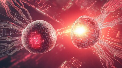 Wall Mural - two glowing cells connected by digital threads, representing data transfer or cellular communication