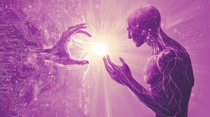 Wall Mural - abstract artwork of a human receiving energy from a technological hand.