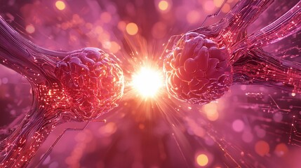 Wall Mural - microscopic view of two cells connecting, emitting bright light.