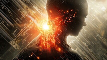 Wall Mural - futuristic cyborg profile with glowing internal circuitry and digital background.