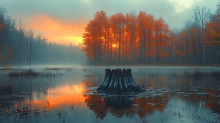 Autumn bog, with its golden hues, fallen leaves, and harmonious coexistence of decay and rebirth, showcases seasonal transformation and colorful tranquility of this wetland ecosystem