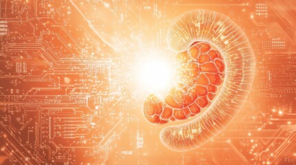 Wall Mural - abstract digital illustration of a human stomach merging with circuit board, representing technologi