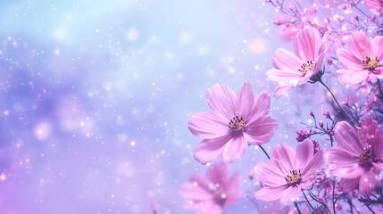 Aufkleber - Beautiful pink cosmos flowers blooming in a magical spring garden with soft pastel colors and bokeh lights creating a dreamy atmosphere