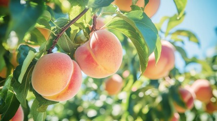 Sun-Kissed peaches on the branch, showcasing ripe orchard fruit in summer