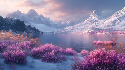 Arctic tundra, with its colorful lake embraced by snow-draped vistas, pristine waters, and an overwhelming aura of seclusion and untainted splendor, exudes a quiet majesty that leaves one