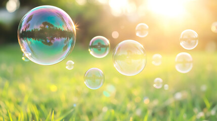 Poster - Soap bubbles floating over a green meadow at sunset, creating a magical and dreamy atmosphere