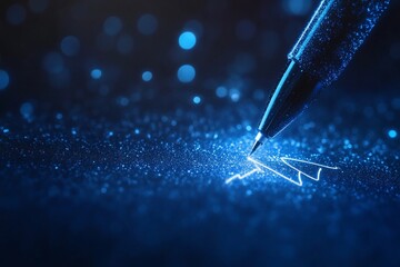 close-up of pen signing a glowing digital signature on dark blue background.
