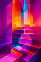 Poster - abstract vibrant staircase in a neon-lit room.