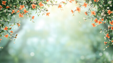 Poster - Beautiful orange flowers frame a blurred bokeh background with sunlight, creating a serene and natural backdrop