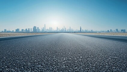 empty asphalt road leading to a distant modern city skyline under a clear blue sky.