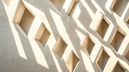 Wall Mural - abstract architectural wall with geometric cutouts casting shadows in sunlight.