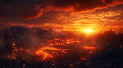 Wall Mural - fiery volcanic landscape at sunset, glowing lava flows and dramatic cloudscape.
